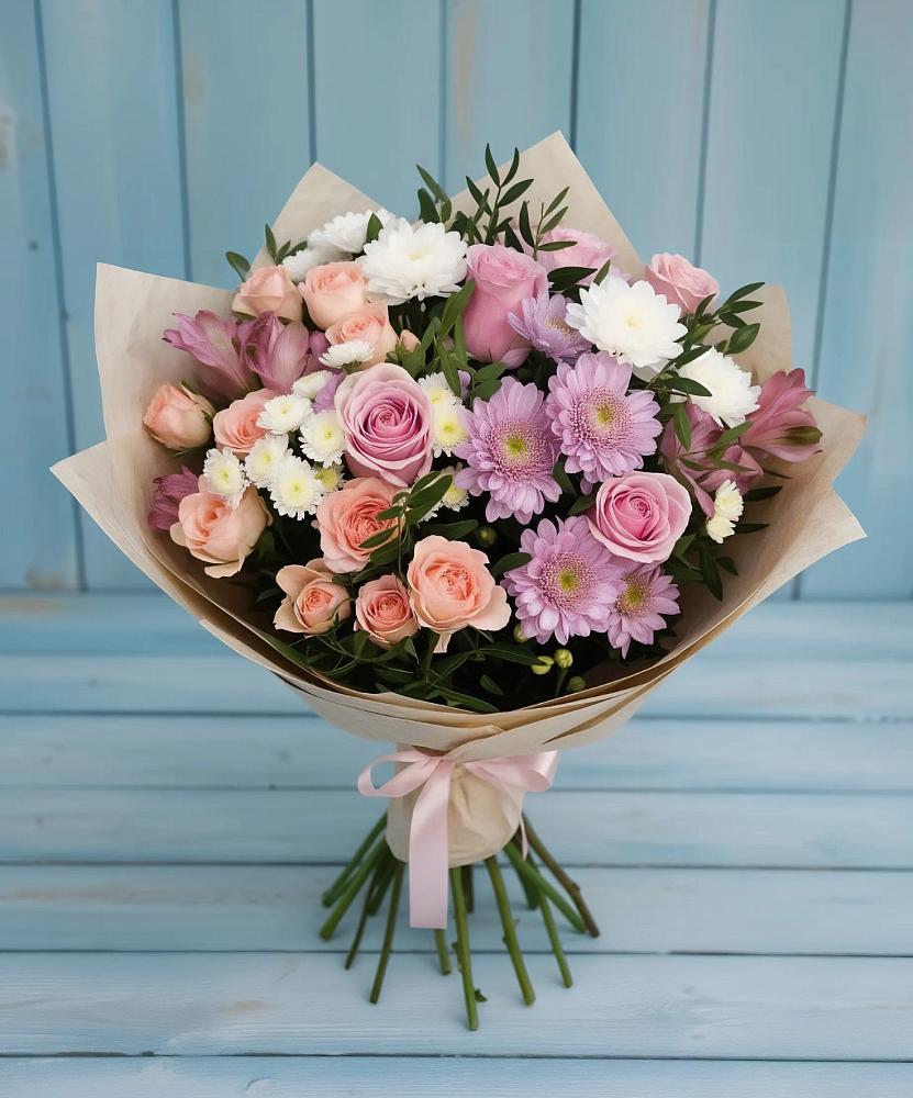 Букет цветов из: Хризантемы, Розы и Альстромерии в Акатьево