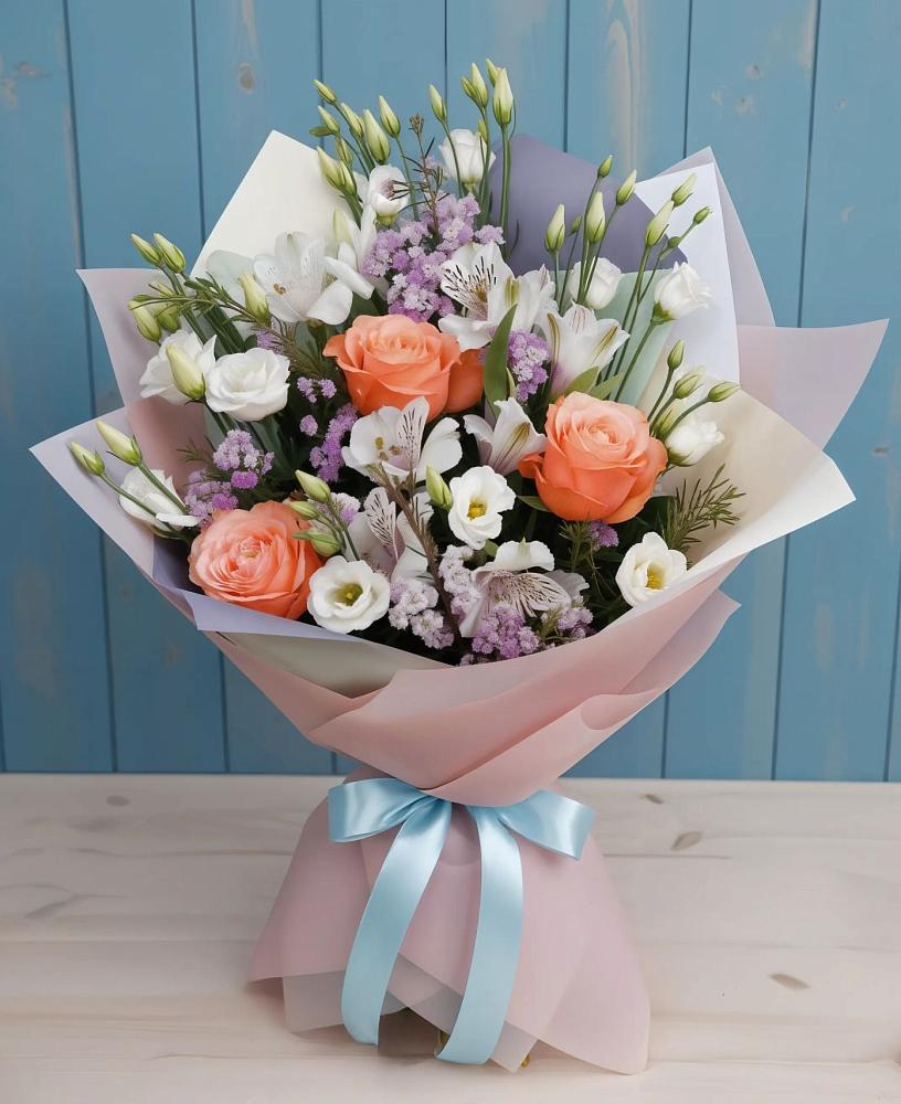 Букет цветов из: Лизиантусы, Розы, Альстромерии и Гипсофила в Акатьево