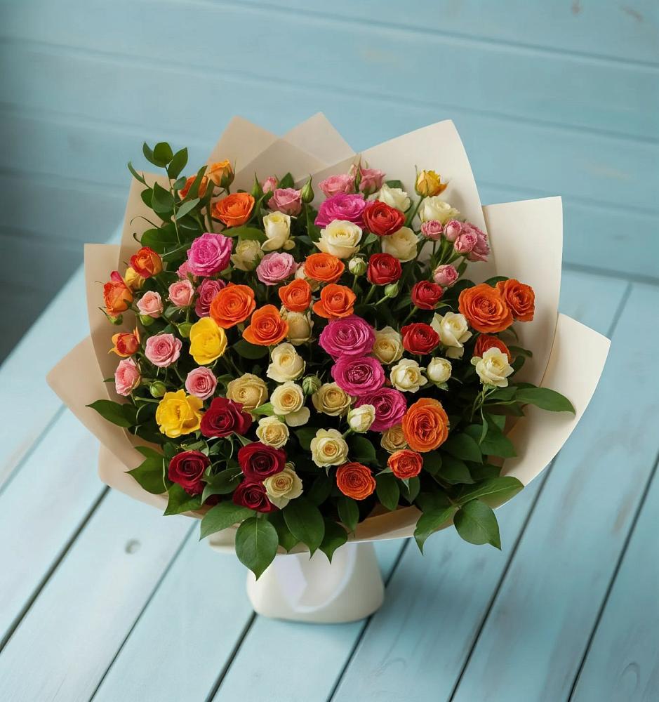 Букет Микс из разноцветных кустовых роз в Акатьево