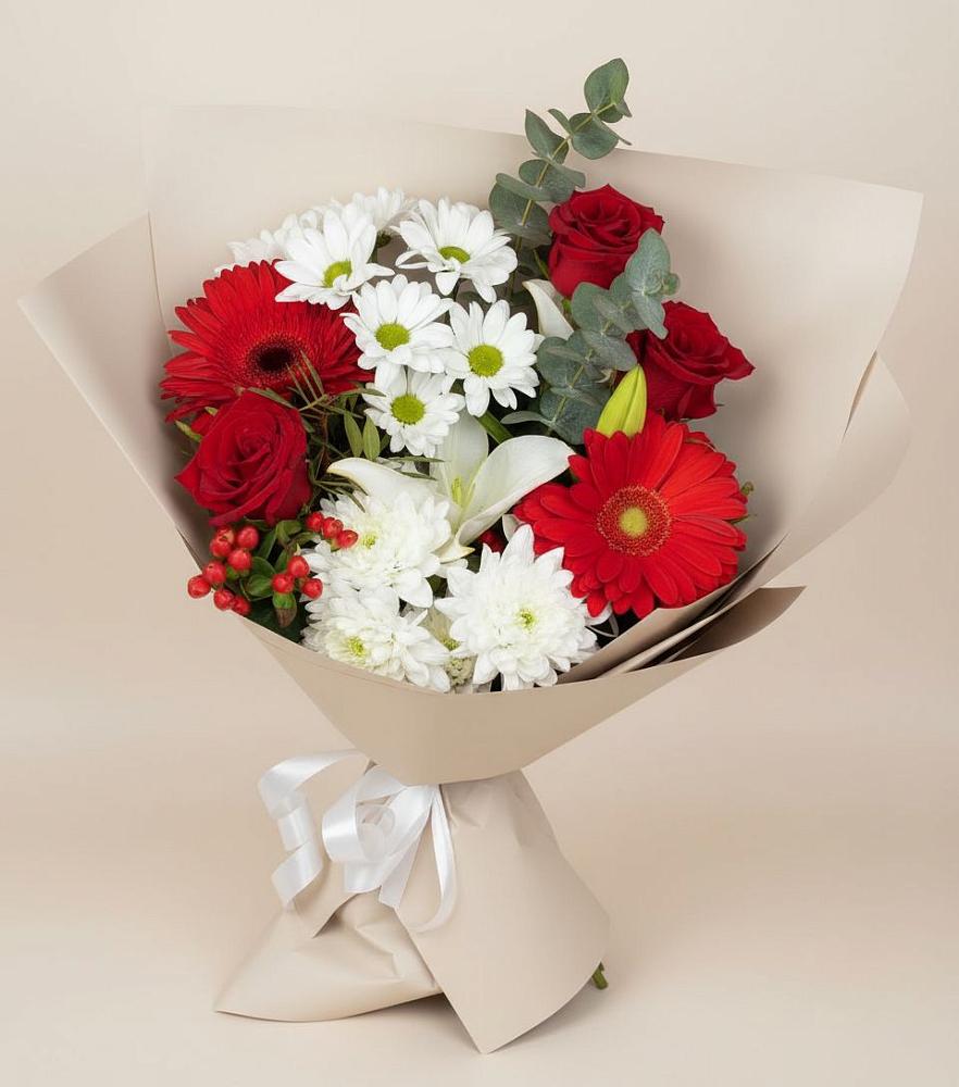 Букет цветов из: Розы, Хризантемы, Герберы и Лилии в Акатьево