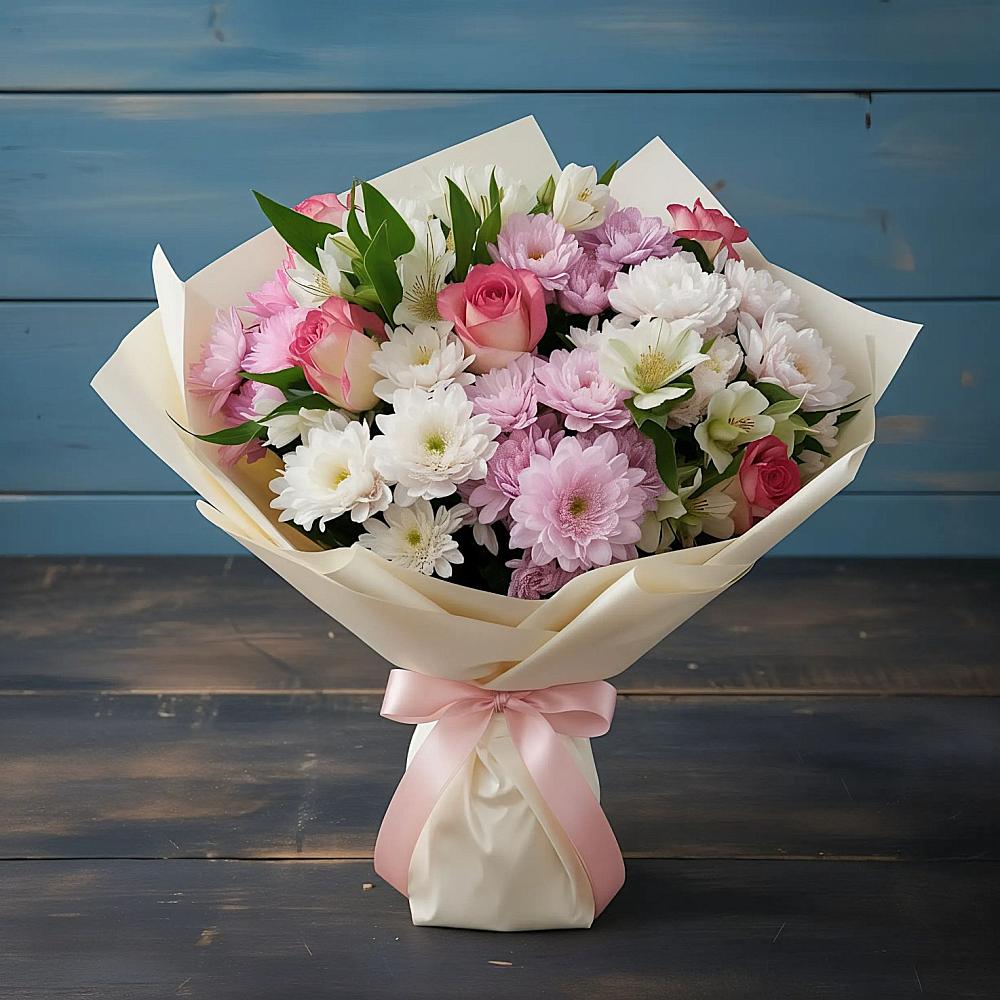 Букет цветов из: Хризантемы, Альстромерии и Розы в Акатьево